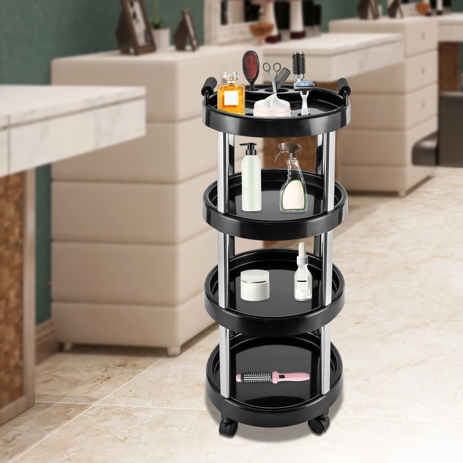 4 Tier Round Hairdressing Trolley Barber Car Professional Hairdressing Trolley Cosmetic Trolley Oscillating Salon Trolley