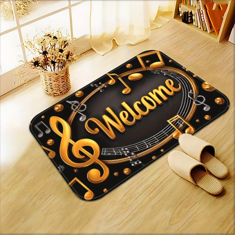 VIKAMA Music Note Welcome Doormat, Non-Slip Entrance Rug, Gold Treble Clef Floor Mat, Decorative Indoor Outdoor Welcome Mat