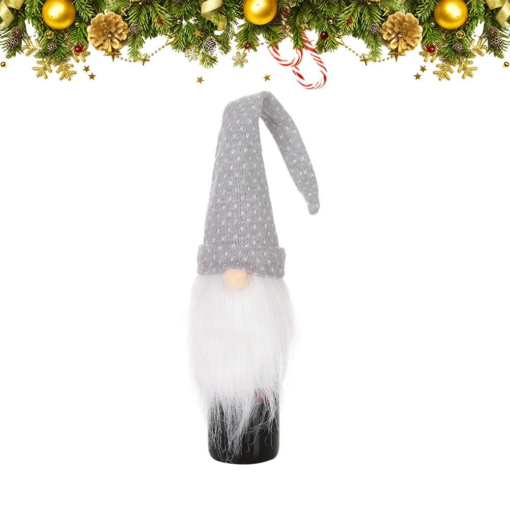 

Рождественская крышка для бутылки вина типа Санта-Клауса, белая борода, крышка для бутылки, серый фон, белые точки, украшение для вечеринки