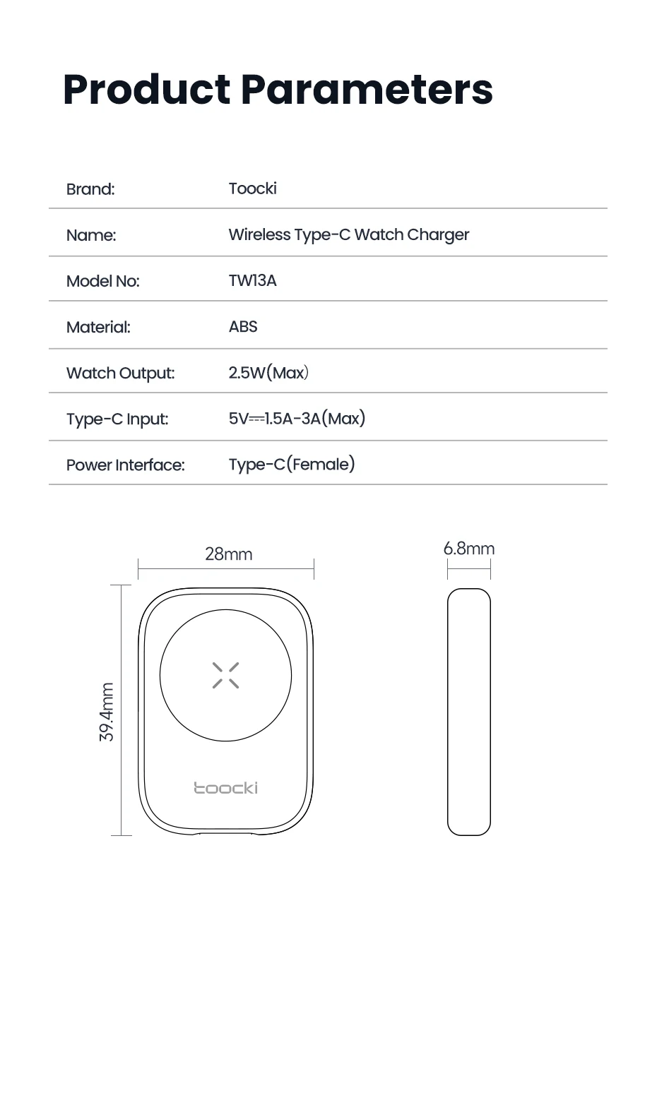 Toocki TW13 2,5W Kabelloses Ladegerät für iWatch S1-S11 SE 2-3 Ultra 1-3 Tragbares Typ-C Magnetisches Kabelloses Ladegerät für Apple Watch – Detail 13