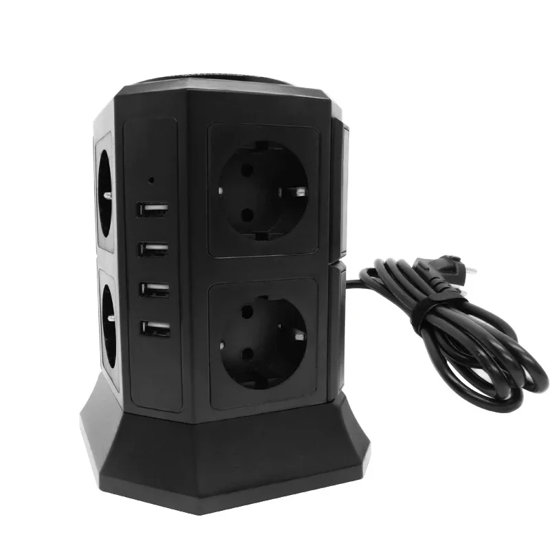 Tower Power Strip Vertical EU Plug 8/12 Way Outlets Sockets with USB Surge Protector 2500W 2m Extension Cord