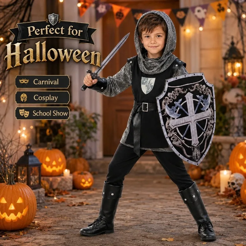 Kids Medieval Knight Costume Halloween Cosplay Role Play Outfit Carnival Stage Performance Dress Up Set Hood Belt Boot Covers