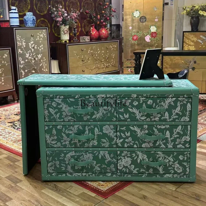 

04*French six-chest cabinet, light luxury living room, leather case, storage cabinet, American bedroom