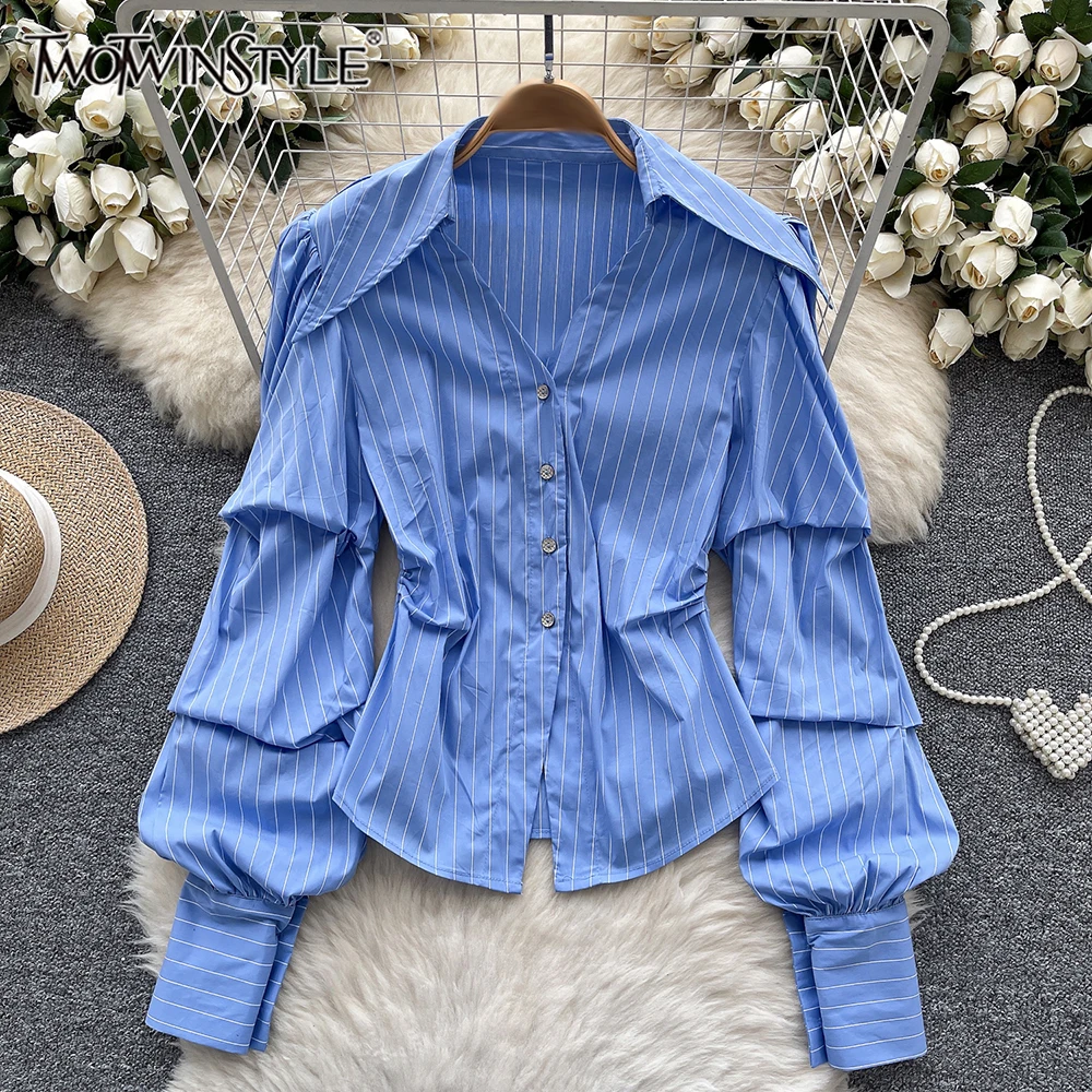 

TWOTWINSTYLE Solid Slimming Stripes Elegant Blouses For Women Lapel Long Sleeve Spring Temperament Shirts Female New KBL545604