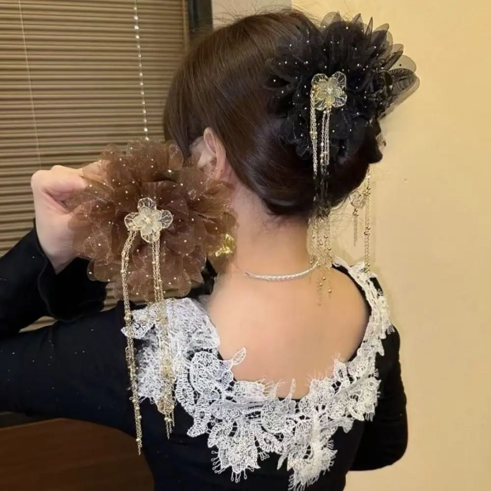 

Elegant Peony Flower Grasping Clip Headwear Tassel Hair Claw Hair Accessories Shark Clip Girl