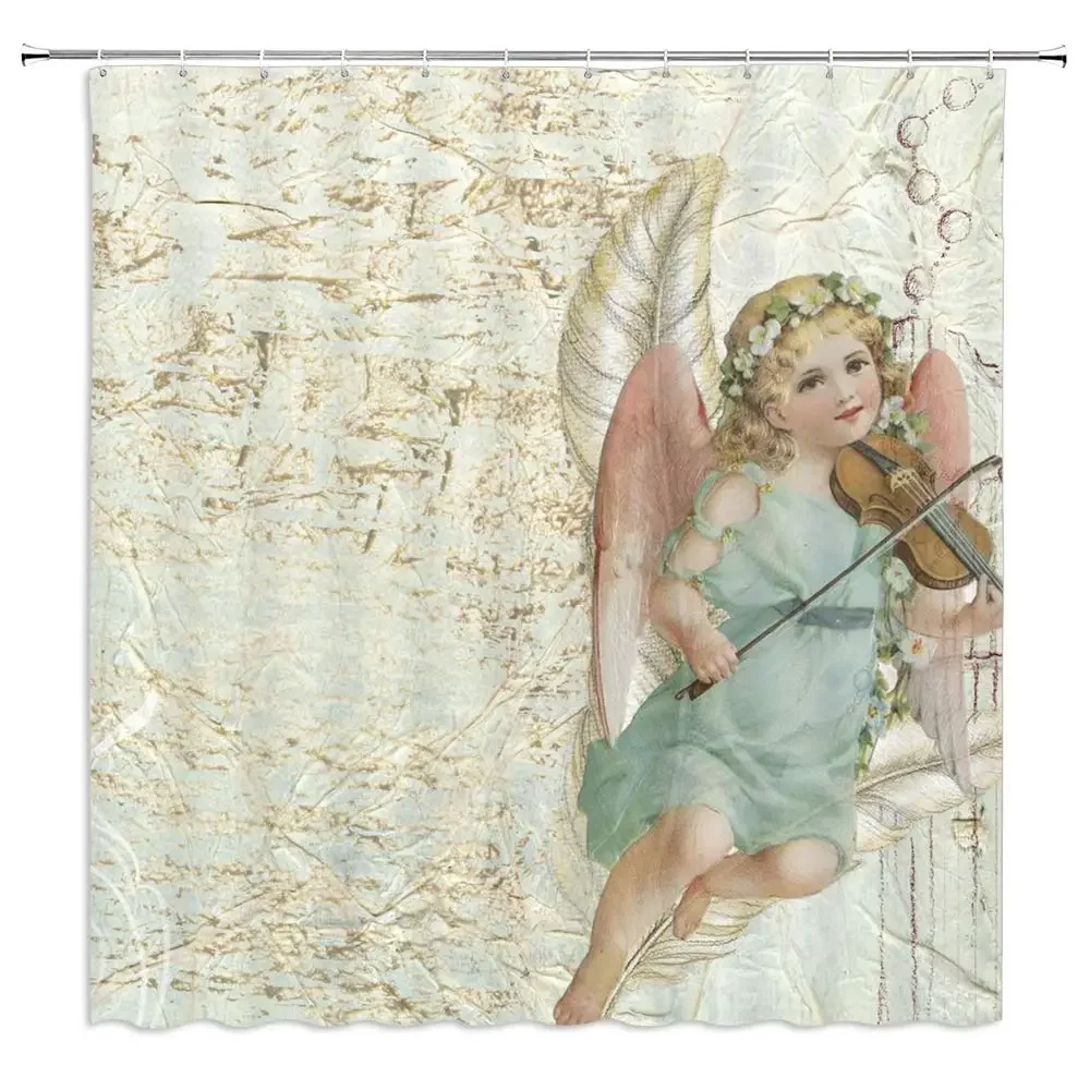 Kid Music Shower Curtain Inspired Design Decor Angel Cute Little Girl Playing Violin