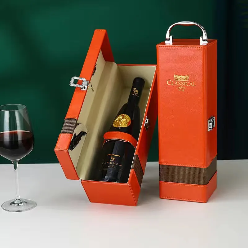 PU Leather Vintage Single Red Wine Storage Gift Box Holder Ring Paper Cutter Seahorse Knife Pourer Wooden view 4