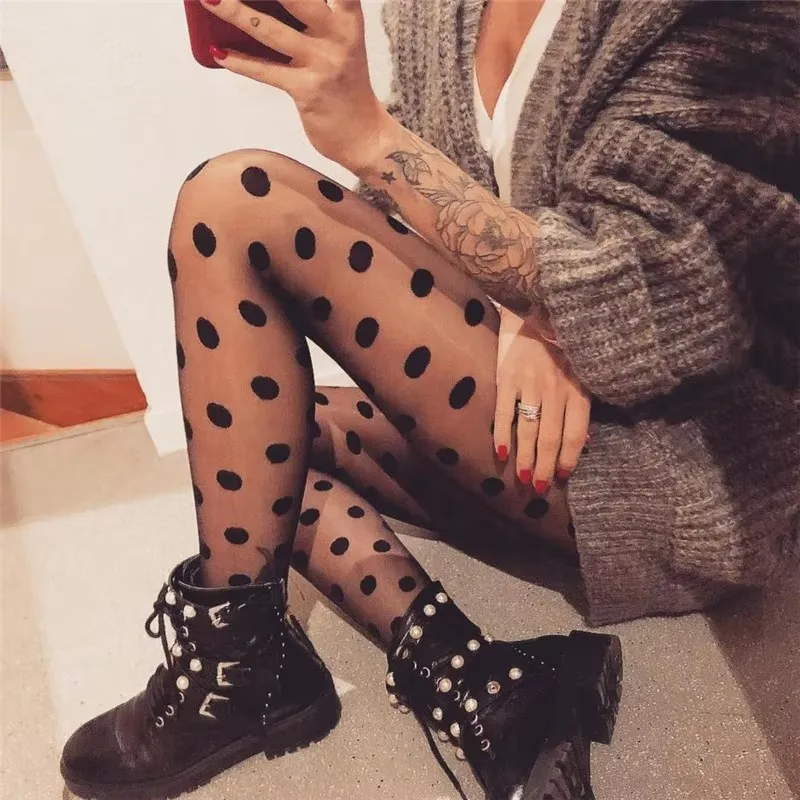 Polka Dot Print Strumpf Frauen Sexy Strumpfhosen Fishnet Mesh Nahtlose Strumpfhosen Nylon Schwarz Weiß Nachtclub Weibliche Damen Seide Strumpfhosen