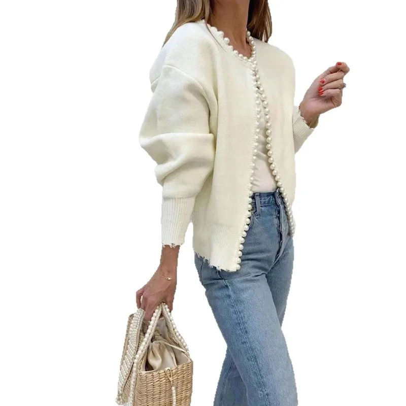 Bianco elegante perle che bordano cardigan a punto aperto manica lunga casual vintage chic o collo maglione lavorato a maglia maglieria autunno donna