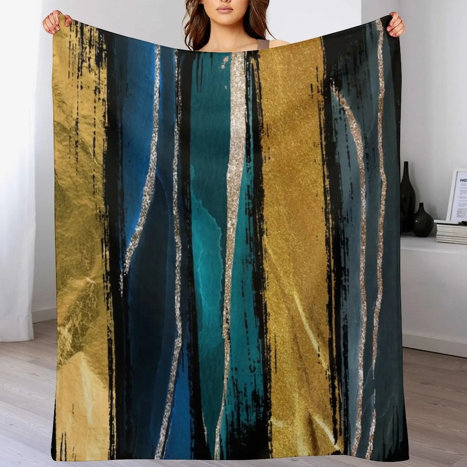 

New Abstract Vertical Brushstroke Teal and Gold Throw Blanket Custom Bed linens anime Thermals For Travel Blankets
