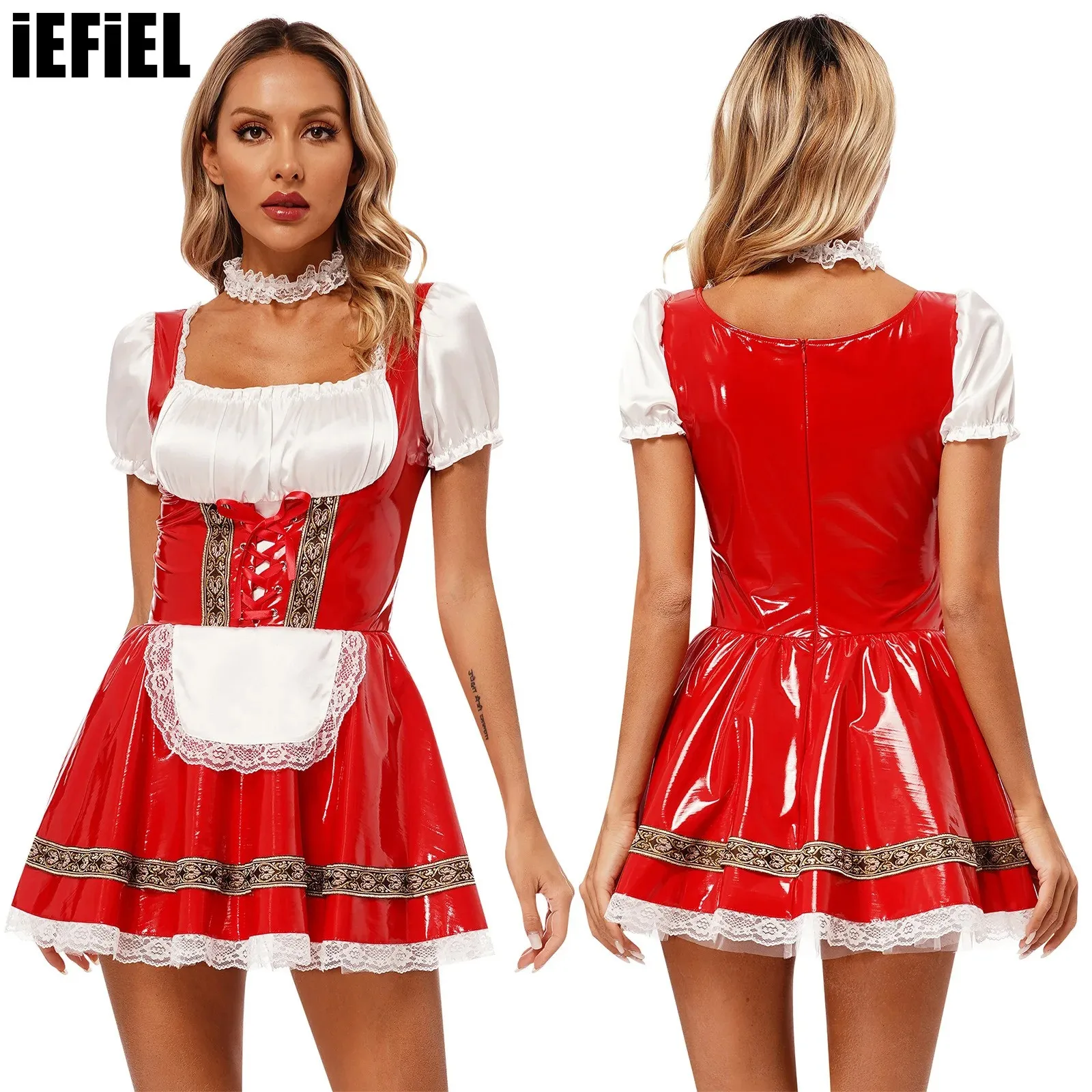 

Womens Maid Cosplay Dress German Bavarian Oktoberfest Beer Glossy PU Leather Lace Trim A-Line Dress with Elastic Choker Dress