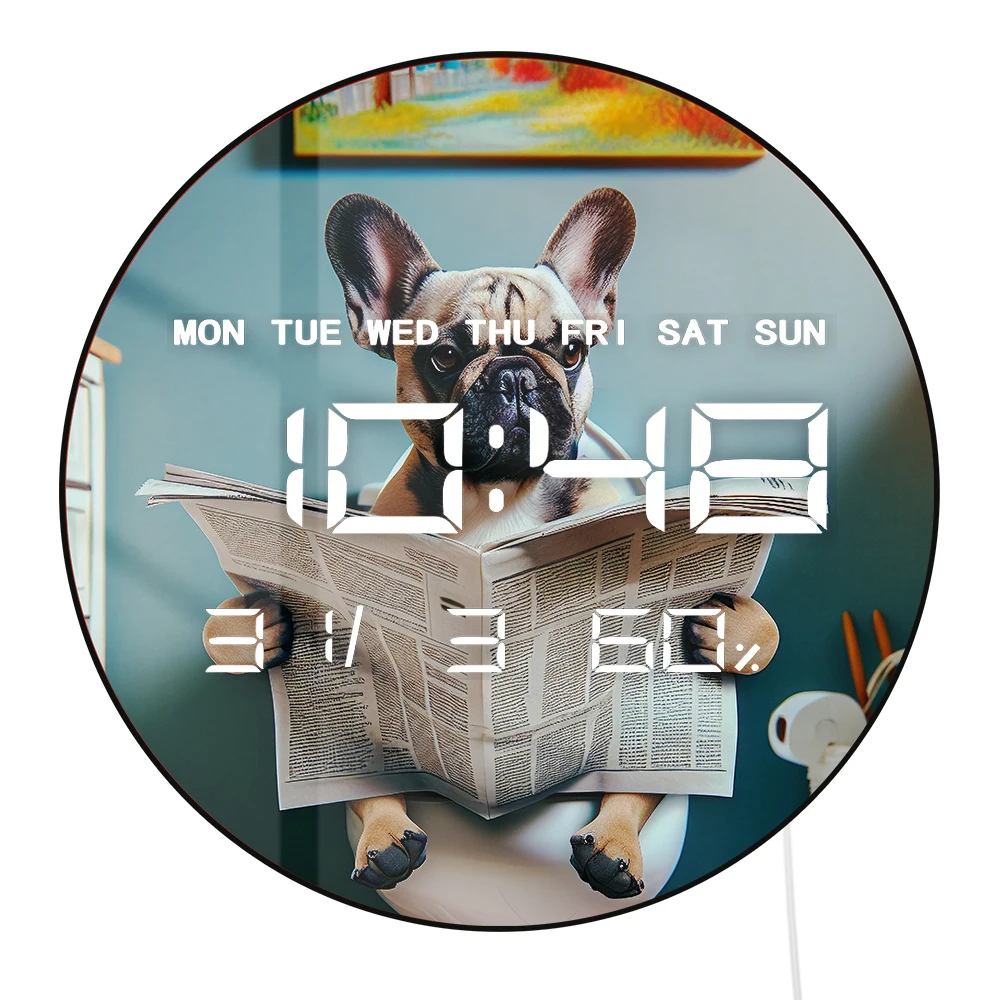 

French Bulldog Reading Newspaper On Toilet Auto Dimming LED Digital Wall Clock with Electric Timer Date Temperature 12/24hour