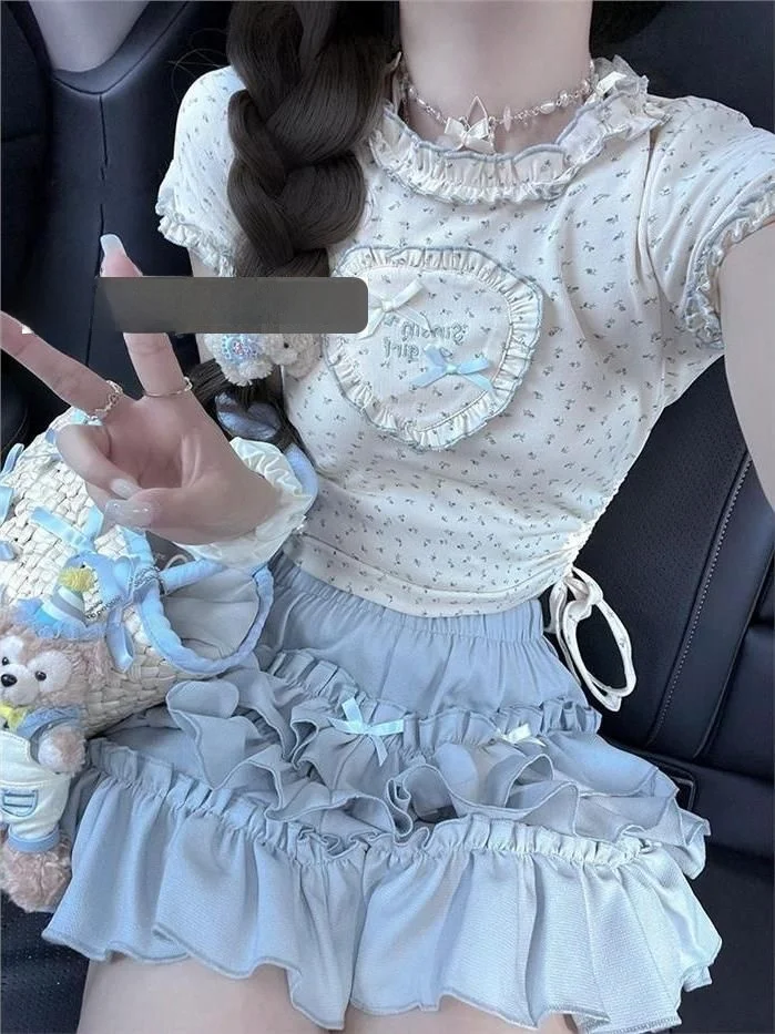 Verão querida y2k floral ort sve camiseta e saia azul conjunto para mulheres jovens roupa fracionável e fofa