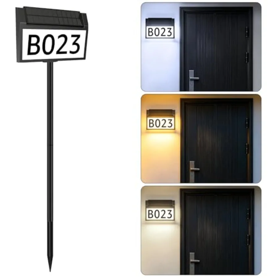 

Solar House Numbers for Outside, 3-Color LED Illuminated Address Sign Waterproof, Solar Powered Address Plaque with 2 Ways Wall