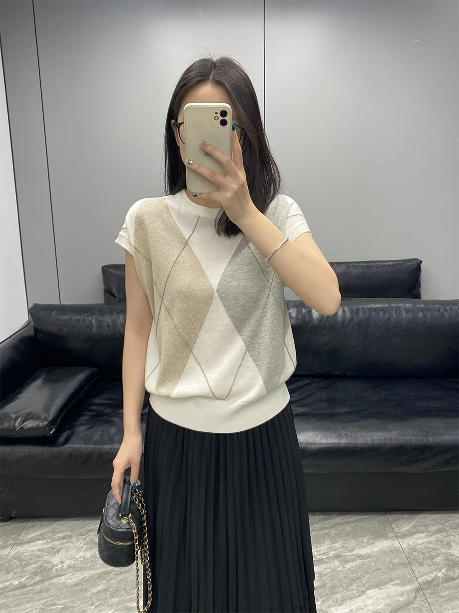

Шелковый свитер из кашемира с коротким рукавом, круглым вырезом, жемчужной цепочкой и ромбовидным узором, женский, универсальный, элегантный топ