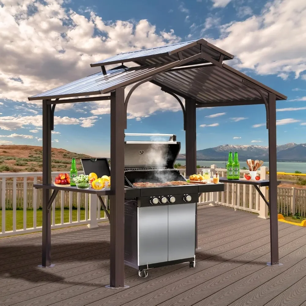 8 x 5 ft hardtop BBQ gazebo, all-weather outdoor gazebo with 2 side frames and ceiling hooks, galvanized steel double roof