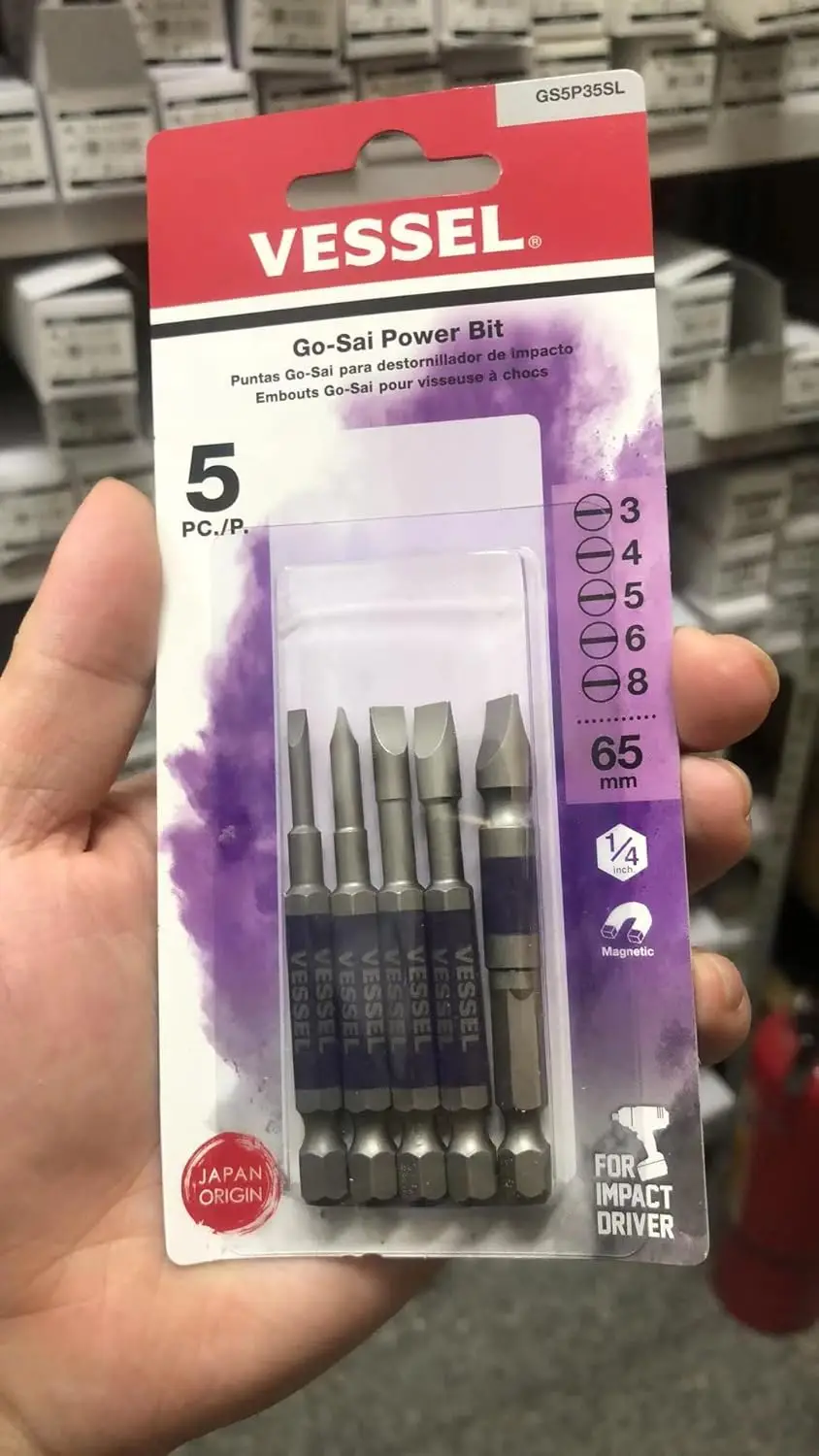 VESSEL 5Pcs Slotted Go-Sai Power Bits Set Opposite 6.35mm Tail Insertion Length 9mm for Impact Driver GS5P35SL Screwdriver Bit