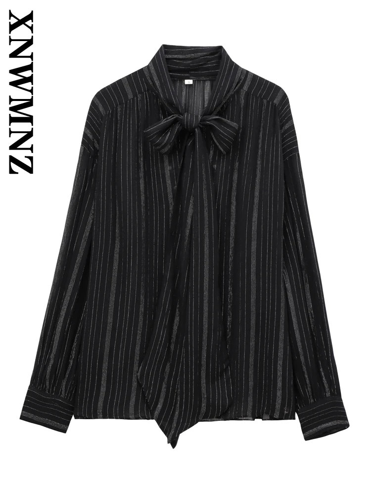 XNWMNZ 2024 Autumn New Lady Commuting Top Shirt Trendy Woman's Long Sleeve V-Collar Outerwear Bowknot Lace Coat Ruffles Striped