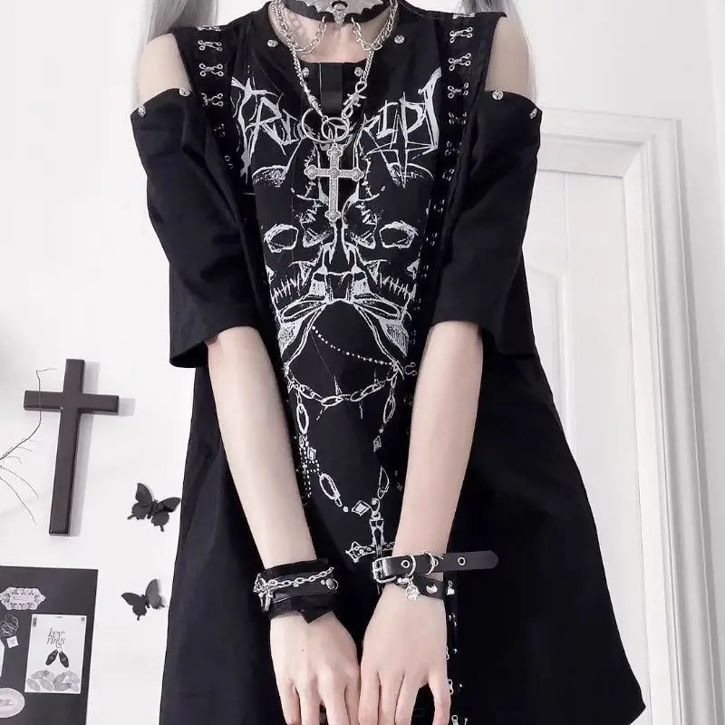 Darkly Series Punk Print Subculture Shirt Gothic Short Sleeved Off Shoulder T-shirt Design Sense Loose Sweet Spicy Tops Summer