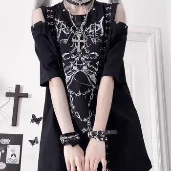 Darkly Series Punk Print Subculture Shirt Gothic Short Sleeved Off Shoulder T-shirt Design Sense Loose Sweet Spicy Tops Summer 2