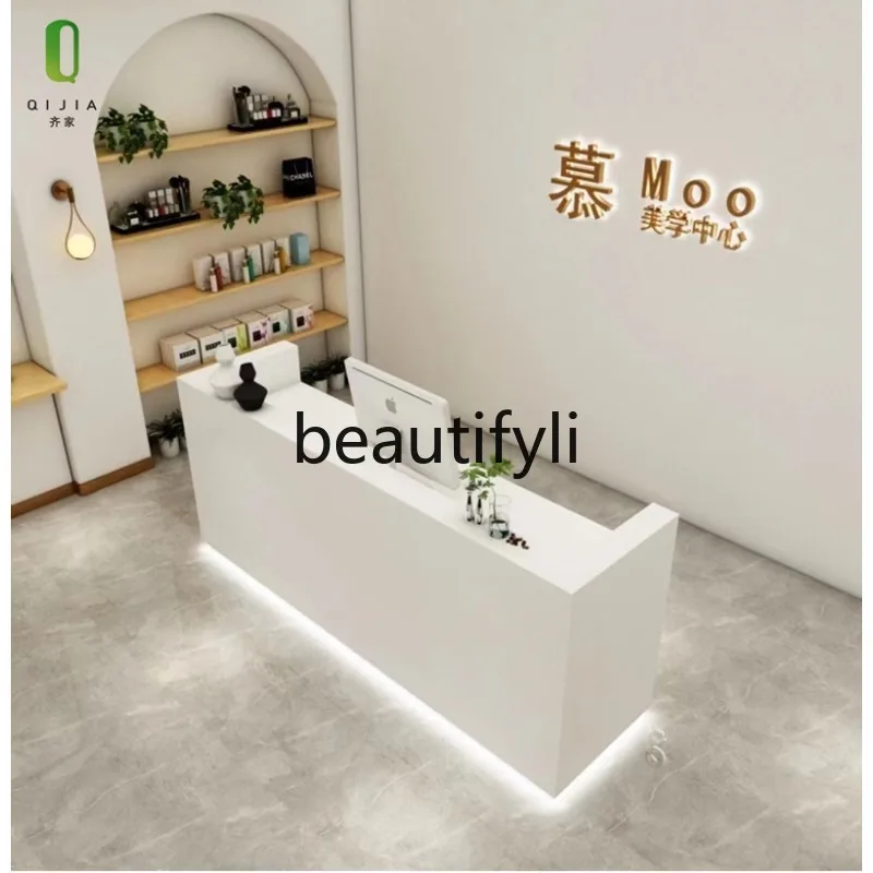 

Clothing Store Cashier Counter White Matte with Light Company Reception Front Desk Simple Beauty Salon Bar Customization