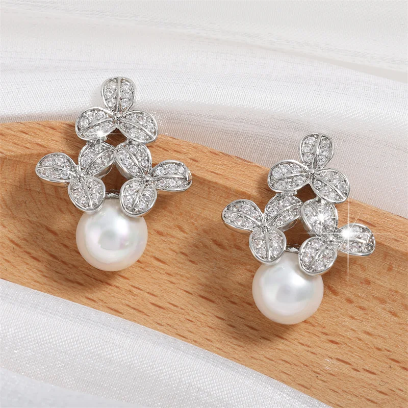 ZAKOL Elegant Flower Shaped Round Imitation Pearl Earrings for Women Micro Inlay Zirconia Earring Bridal Wedding Jewelry