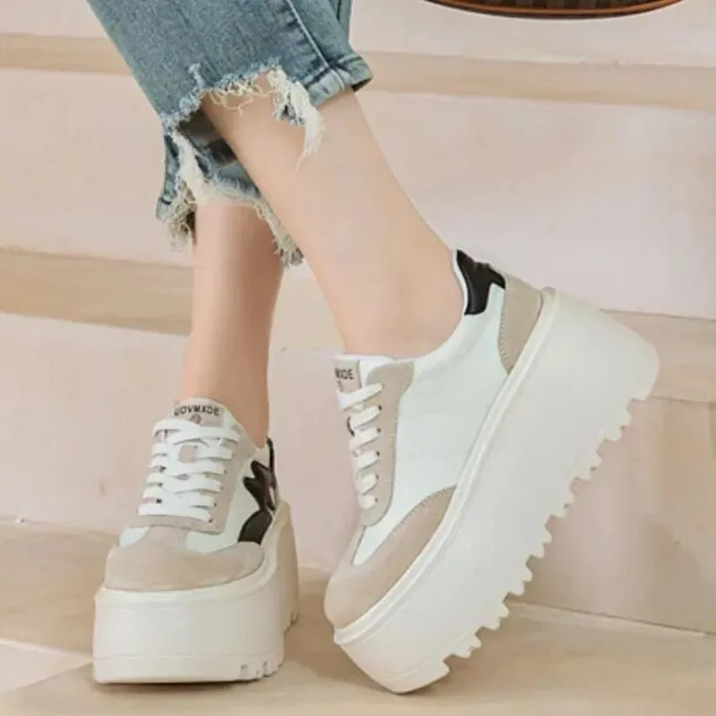 عالية الجودة 8 سنتيمتر النساء أحذية رياضية مكتنزة موضة جديدة الخريف الربيع أحذية القماش جلد الخنزير منصة عادية إسفين مضخات جلد طبيعي