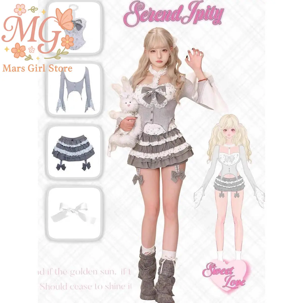 

Kawaii Топ с лямкой на шее с цветочным принтом, весна-лето, серый кардиган, лоскутная многоуровневая юбка-тортик, комплект из 2 предметов, модный дизайнерский наряд для женщин