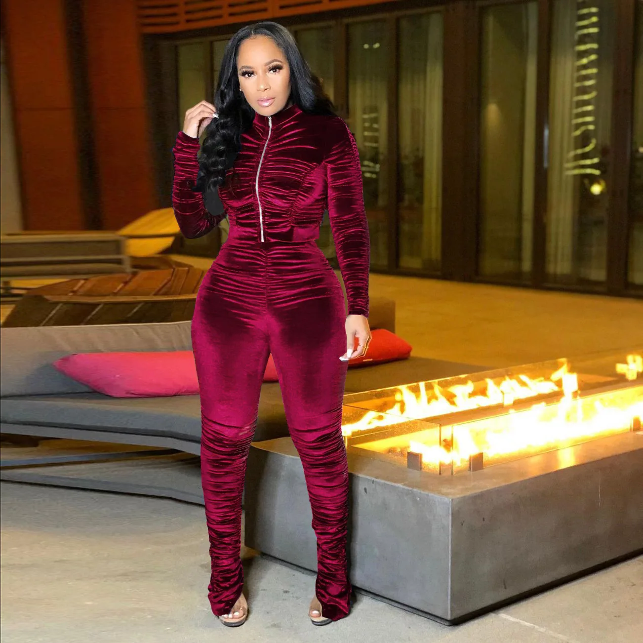 Active Velvet Stacked Sweatsuit Women's Set Zipper Jacket Pants Suit Streetwear Tracksuit Two Piece Set Fitness Outfit Bodysuits