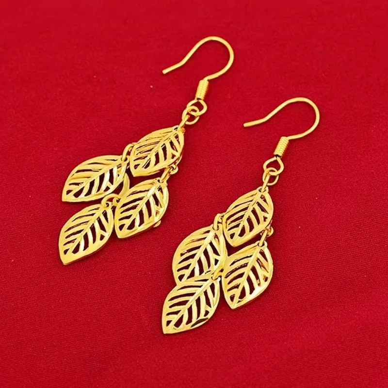 High Quality 999 Gold Earrings 24K Pure Gold Hollow Leaf Earrings AU750 Real Gold Tassel Luxury Quality Jewelry for Women