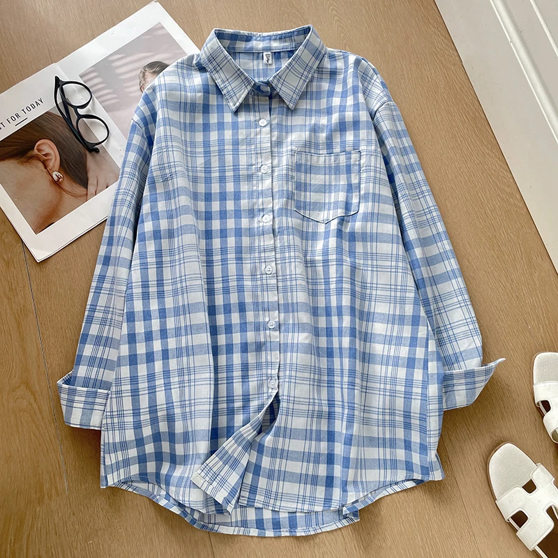 Blue Plaid Long Sleeve Casual Shirt Women's Loose Fit Comfortable Breathable Cotton Shirt Korean Style Lazy Fashion Top