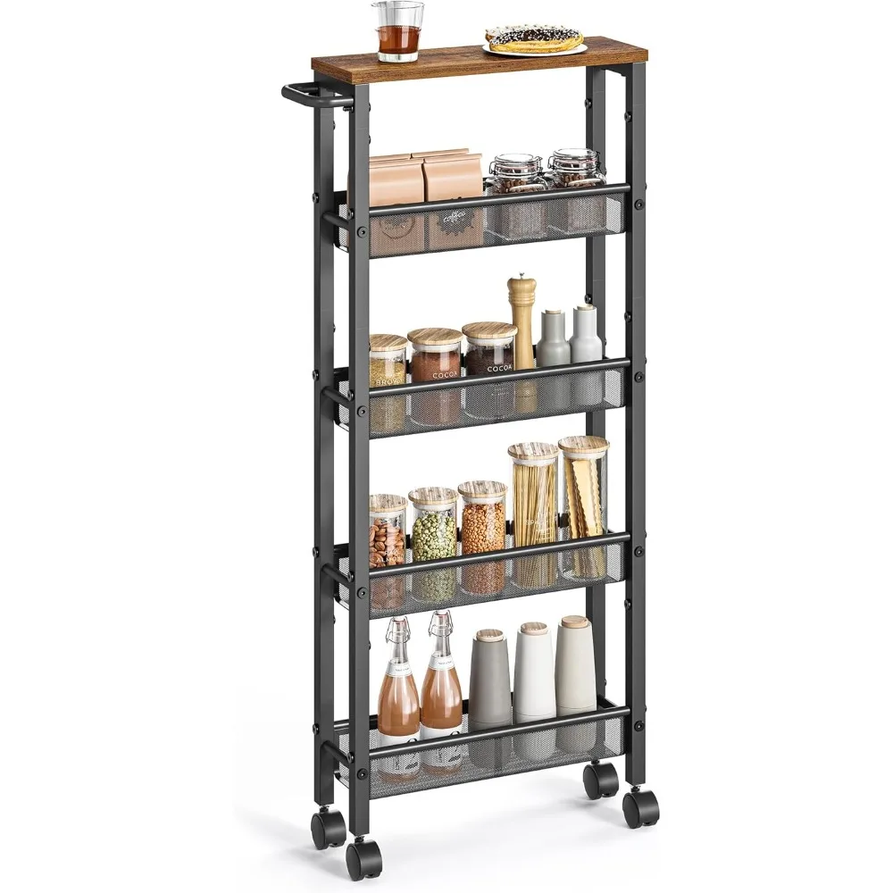 

Slim Rolling Cart, 5-Tier Storage Cart, Narrow Cart with Handle, 5.1 Inches Deep, Metal Frame, for Kitchen