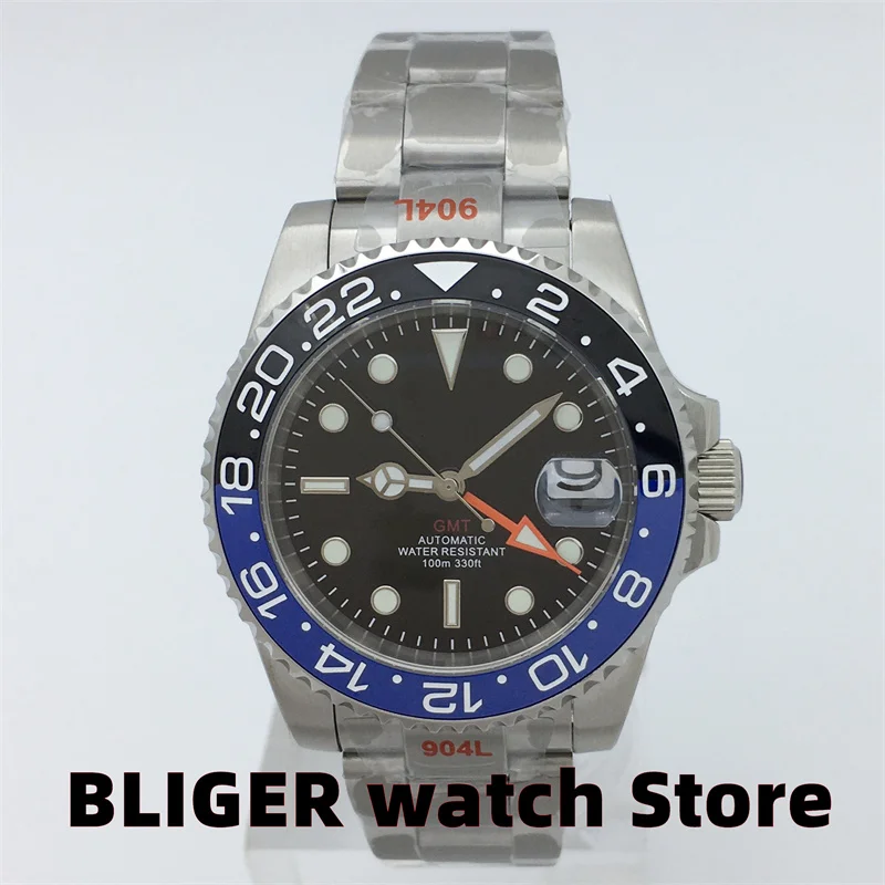 BLIGER 40mm GMT NH34A GMT DG3804 Automatic movement Men's watch Sapphire glass Luminous dial Orange GMT Hand Stainless Bracelet