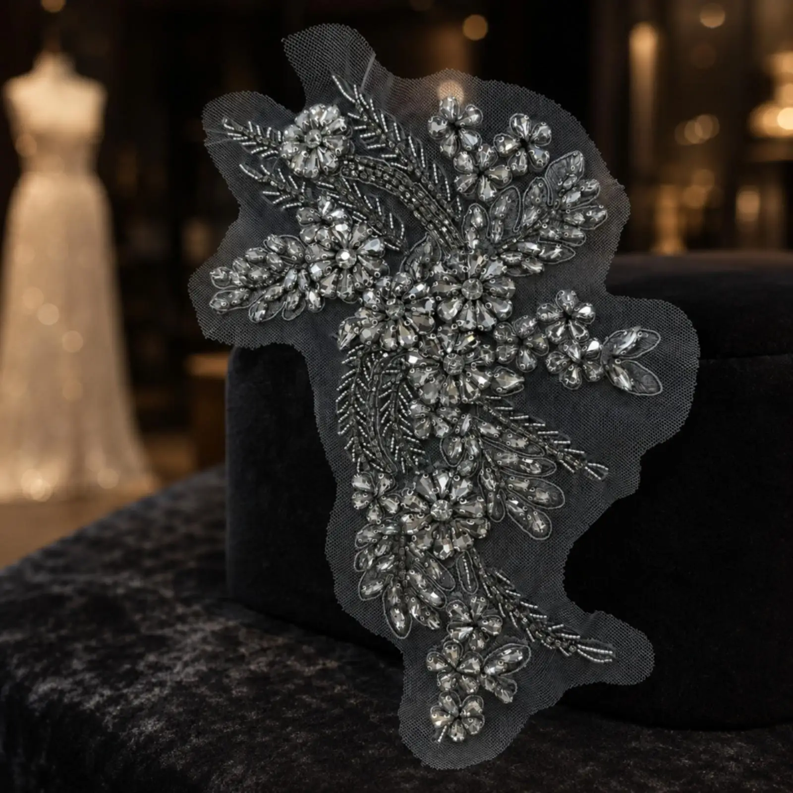 Raised Floral Mesh Applique Patch with Sequins for Wedding Dress Qipao Sewing Projects