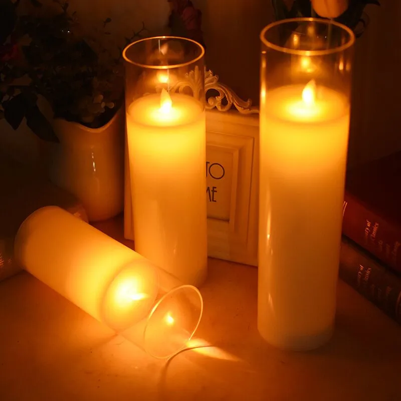 

Flickering Pillar Candle Light Paraffin Wax Electric LED Glass Candles Set Dancing wick Home party table Decoration D7.5cm-Amber