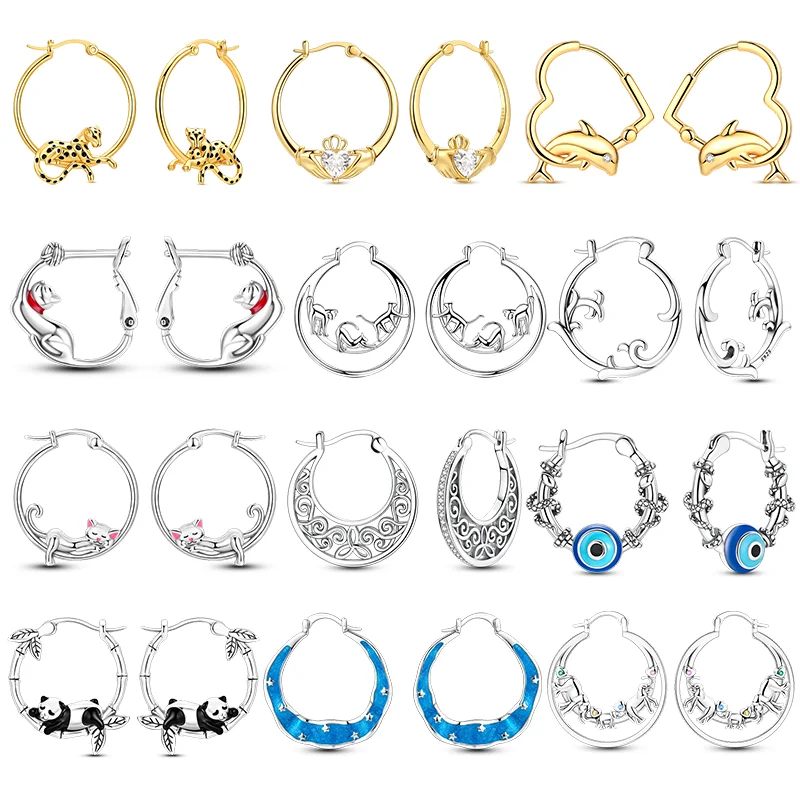 Hot Sale 925 Sterling Silver Earring Dolphin Cheetah Panda Cat Blue Eye Hoop Earrings Fit Women Girl Party Fine Jewelry Gifts