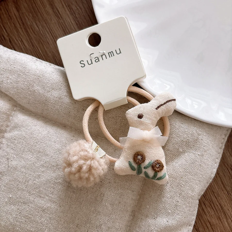 Autumn Winter Sweet 3D Embroidery Cute Rabbit Baby Velvet BB Clips Side Hairpins Girls Sakura Pink Fluffy Pom Pom Hair Ties view 6