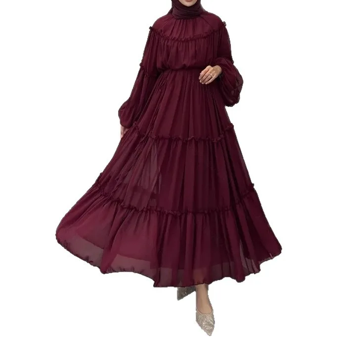 Robe musulmane du moyen-orient pour femmes, couleur unie, décontractée, tendance, élégante, ample, col rond, manches lanternes, avec ceintures, nouvelle mode 2025