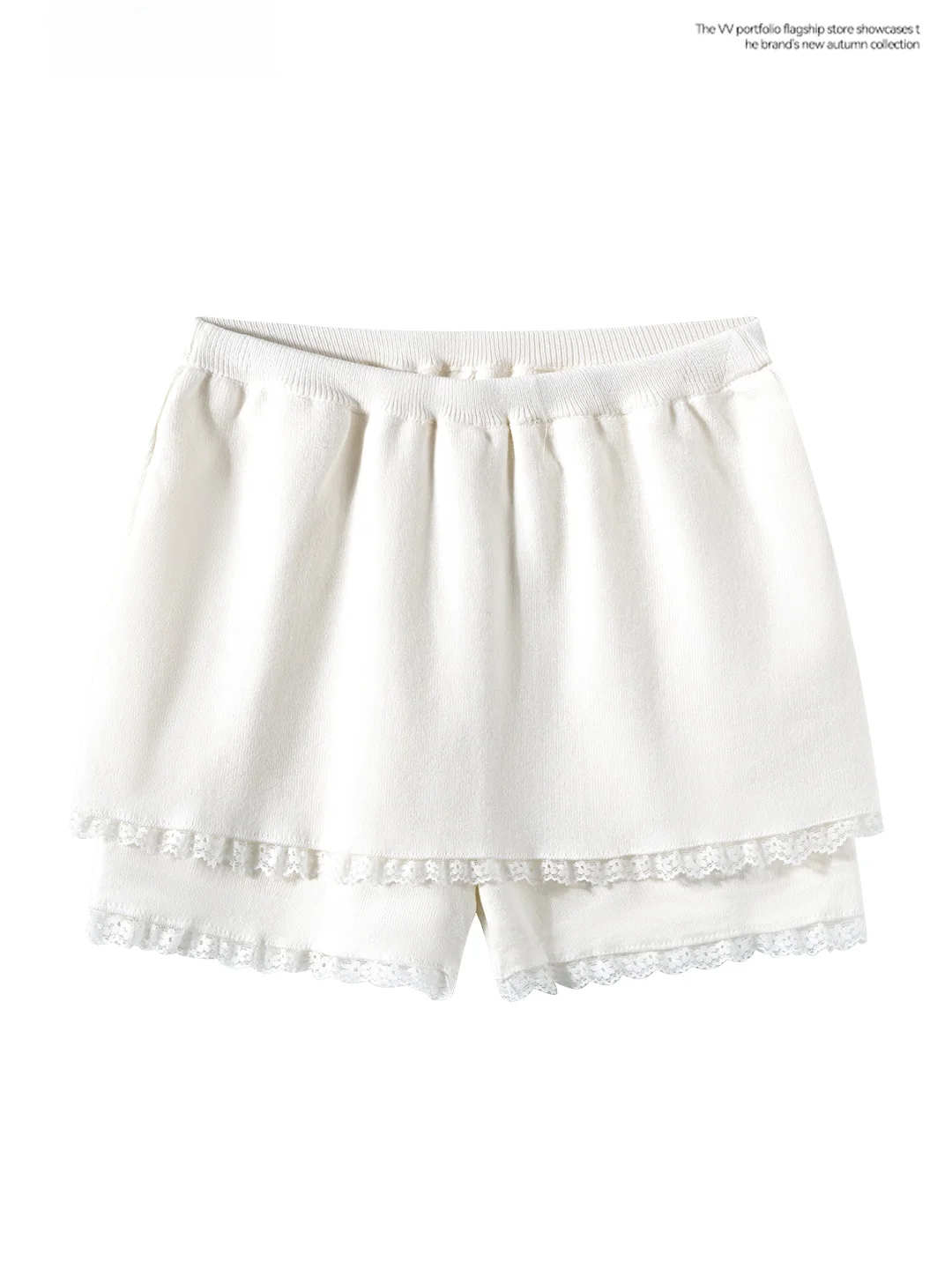 Lace Trim Knitted Base Layer Shorts Women's Slimming High Waist Butt Lifting Sexy White Skirt Pants Summer Commute Style