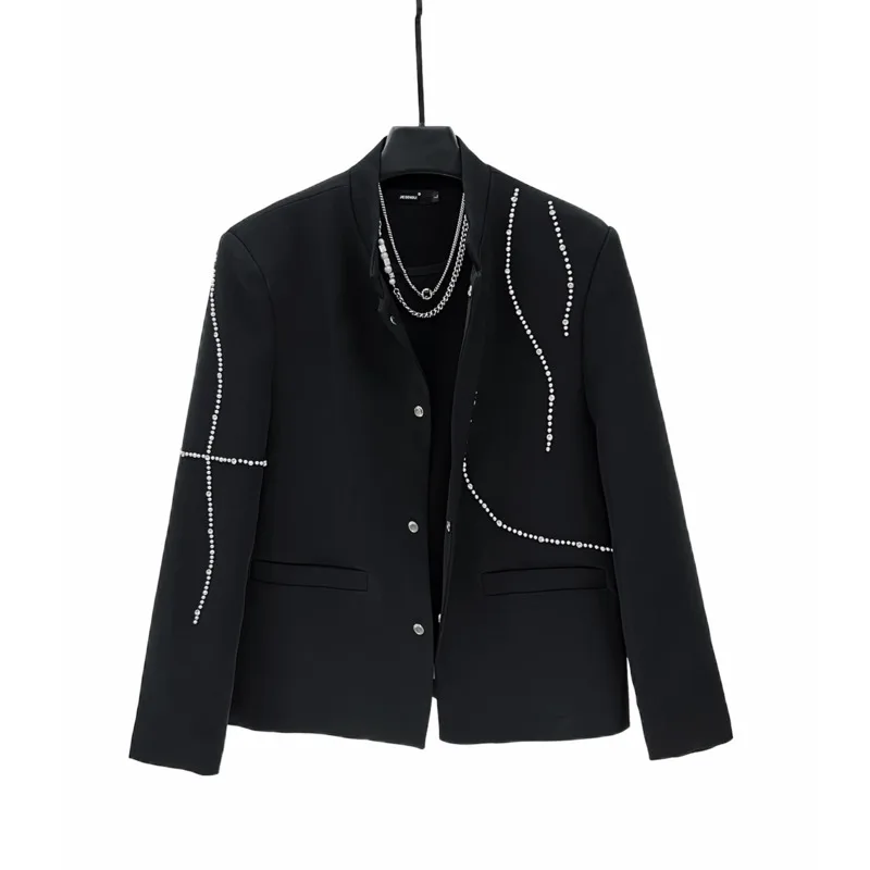 WVGA Frühling Herbst Neue Mann Flut Stehkragen Langarm Blazer Trendy Perlen Design Nische Chic Casual Anzug Mäntel Ins Y2K W12857