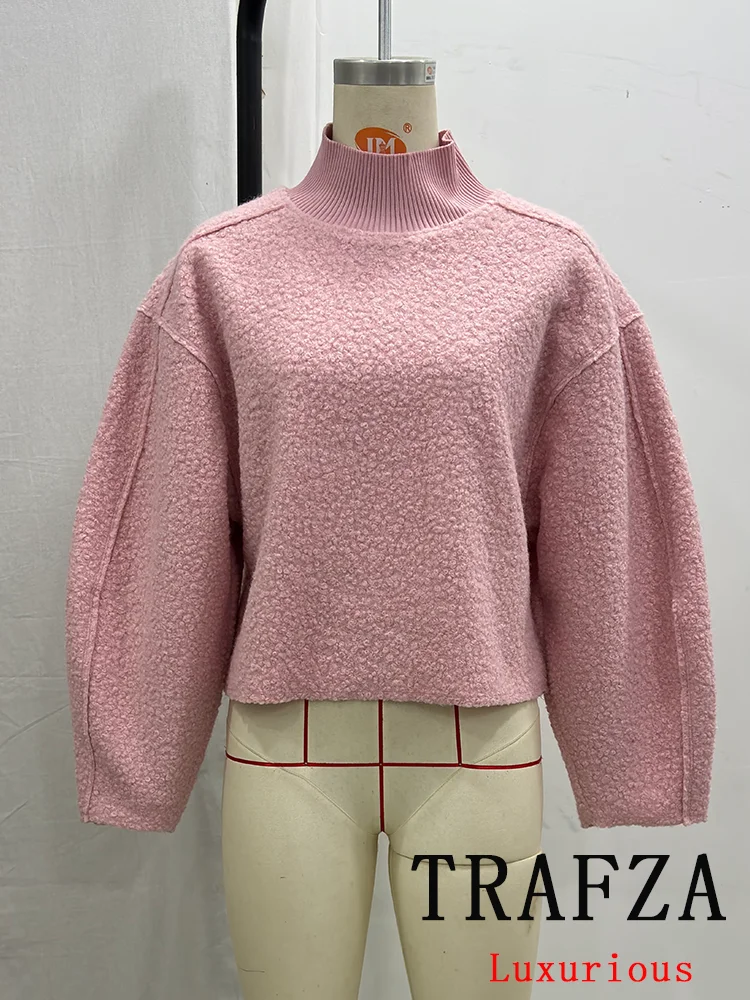 TRAFZA Vintage Casual Chic Women Lambwools Hoodies O-Neck Long Sleeve Oversized Pullovers Fashion 2024 Autumn Winter Warm Tops