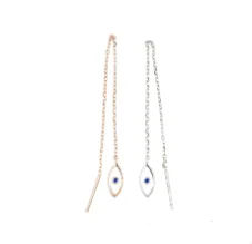 Long Chain Ear Threader Earring White Enamel Evil eye Charm Silver color Rose gold Turkish Fashion Earring Jewelry