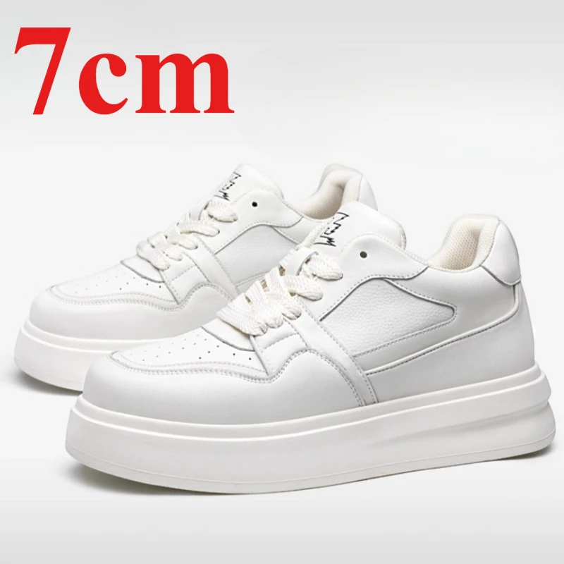 Height Increasing Shoes for Men's 7cm Genuine Leather Thick Soled Versatile White Shoes Invisible Sports and Leisure Board Shoes