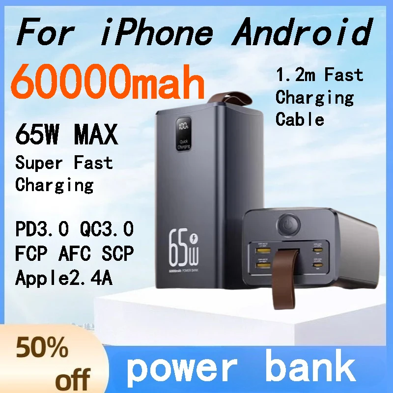 

65W Fast Charging Power Bank 60000mAh High Capacity Emergency External Battery for Laptop IPhone Android