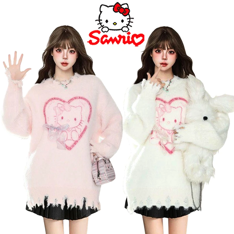 

Sanrio Hello Kitty Woman's Sweaters Cartoon Creative Broken Hole Knitted Sweater Fashion Girls Loose Warm Embroidered O-Neck Top