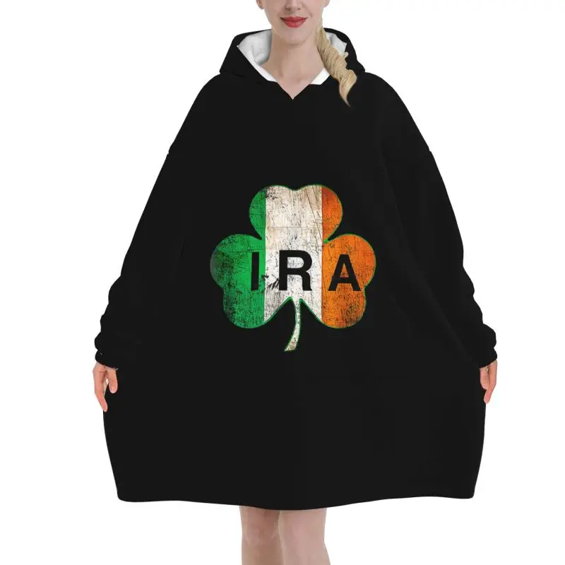 IRA Irish Lucky Shamrock St Patrick's Day Ireland Flag Wearable Blanket Hoodie Women Oversized Sweatshirts Fleece Hooded Blanket