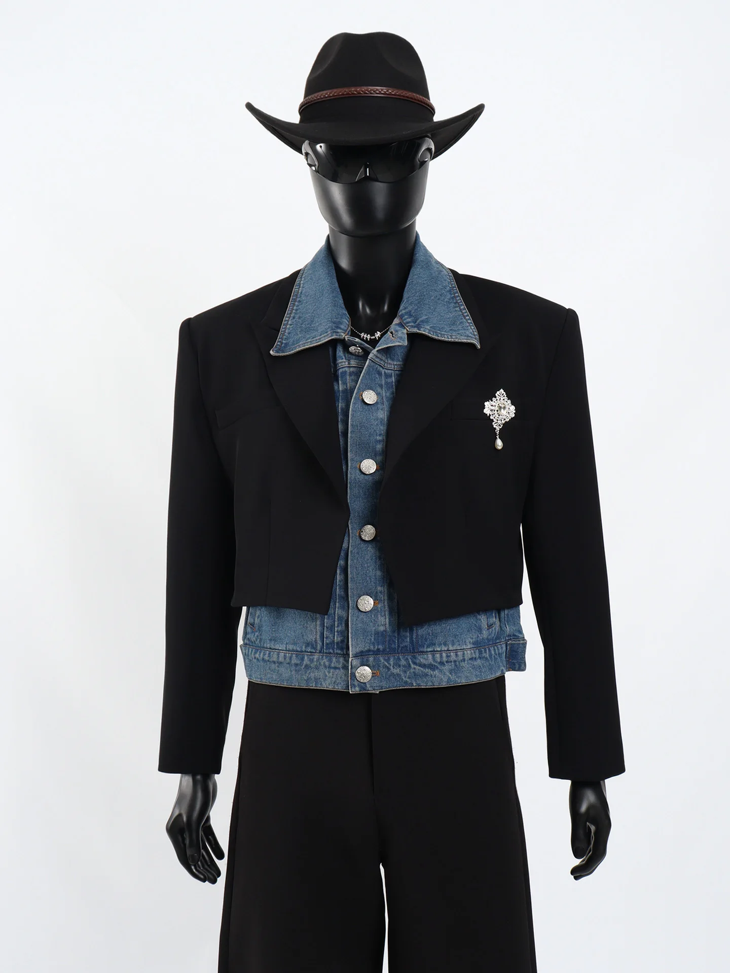 

Starlit Men's Denim Patchwork ort Suit Jaet Bla Casual Sle Autumn Faion Sensation Fake Two-Piece Suit Coat