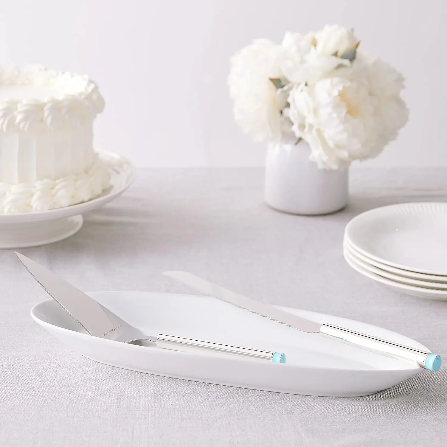 2-Piece Dessert Serving Set, Silver-plate and Turquoise