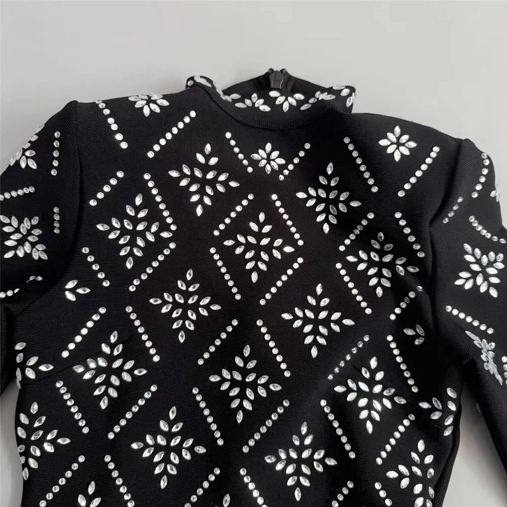 Eleganckie sukienki bandażowe z dżetami, dopasowane do ciała, z wysokim dekoltem, długim rękawem, długie sukienki Y2K, sukienki wieczorowe, na studniówkę, urodziny, w stylu gwiazd.