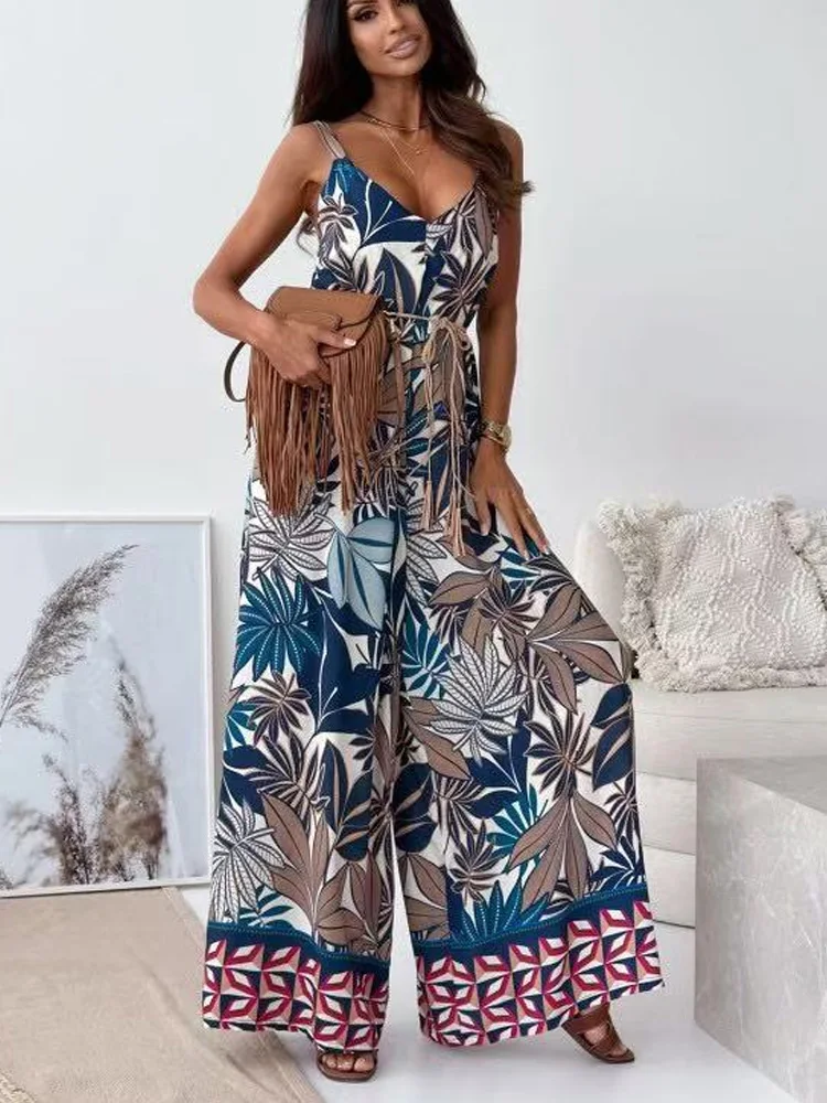 

New Fashion Printing Sling Women Jumpsuits Summer Casual V Neck Wide Leg Jumpsuit Woman Summer Clothes Streetwear Ropa De Mujer